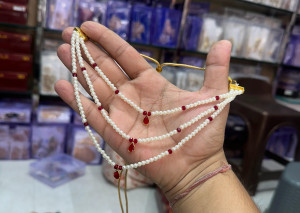 Elegant Triple-Layer Pearl Beaded Necklace with Ruby Teardrop Charms