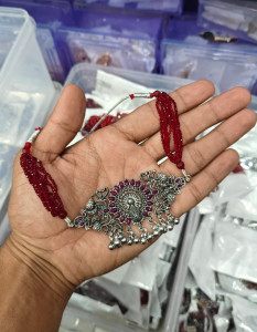 Oxidized Peacock Motif Choker Necklace with Red Crystal Beads & Ghungroo Danglers