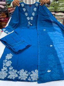 Royal Blue Floral Embroidered Cotton Suit Set with Dupatta
