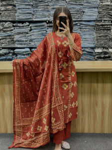 Women's Hand Block Print Cotton Kurta Pant Dupatta Set – Ethnic Straight Fit Suit Set