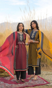 Tribal Stripe Printed Kurta Pant Dupatta Set for Women